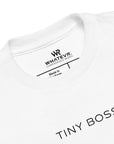 Toddler t-shirt in white with "Tiny Boss" text, front view.