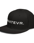 Unisex Unbothered snapback hat in black with embroidered WHATEVR text, front view