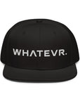 Unisex Unbothered snapback hat in black with embroidered WHATEVR text, front view