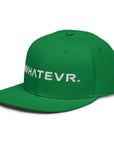 Unisex Unbothered snapback hat in green with embroidered WHATEVR text, front view