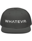 Unisex Unbothered snapback hat in gray with embroidered WHATEVR text, front view