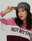 Unisex Unbothered snapback hat in gray with embroidered WHATEVR text, front view