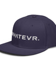 Unisex Unbothered snapback hat in blue with embroidered WHATEVR text, front view