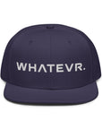 Unisex Unbothered snapback hat in blue with embroidered WHATEVR text, front view