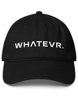 Unisex Unbothered baseball cap in black with WHATEVR text, front view