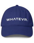 Unisex Unbothered baseball cap in blue with WHATEVR text, front view