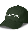 Unisex Unbothered baseball cap in green with WHATEVR text, front view
