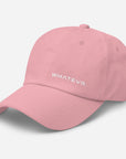 Unisex Classic baseball cap in pink with WHATEVR logo, front view