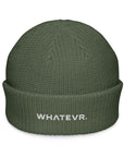 Unisex WHATEVR beanie in green with embroidered detailing, front view