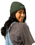 Unisex WHATEVR beanie in green with embroidered detailing, front view
