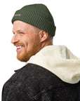 Unisex WHATEVR beanie in green with embroidered detailing, front view
