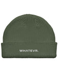 Unisex WHATEVR beanie in green with embroidered detailing, front view