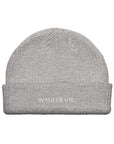 Unisex WHATEVR beanie in gray with embroidered detailing, front view