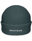 Unisex WHATEVR beanie in blue with embroidered detailing, front view