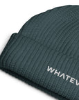 Unisex WHATEVR beanie in blue with embroidered detailing, front view