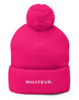 Unisex Signature pom pom knit beanie in pink with embroidered WHATEVR text, front view