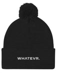 Unisex Signature pom pom knit beanie in black with embroidered WHATEVR text, front view