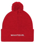 Unisex Signature pom pom knit beanie in red with embroidered WHATEVR text, front view