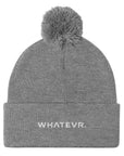 Unisex Signature pom pom knit beanie in gray with embroidered WHATEVR text, front view