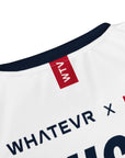 White shirt with black text and a red logo on a white background
