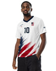 Man wearing a white sports jersey with red and blue design on a white background