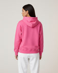 Women's premium heavyweight hoodie in pink, back view.