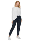 Women's essential slim fit sweatpants in dark blue, front view.