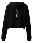 Women's cropped hoodie in black with "WHATEVR" text, back view.