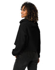 Women's cropped hoodie in black, side view.