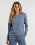 Women's heavyweight long sleeve t-shirt in blue, front view