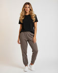 Women's premium heavyweight sweatpants in dark grey, front view.