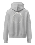 Women's premium heavyweight hoodie in ash heather with "Confidence Worn" text, back view.