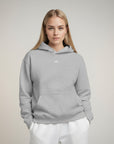 Women's premium heavyweight hoodie in ash heather with "WR" logo, front view.