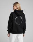 Women's premium heavyweight hoodie in black with "Confidence Worn" text, back view.