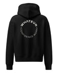 Women's premium heavyweight hoodie in black with "Confidence Worn" text, back view.