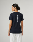 Women's premium t-shirt in dark blue, back view
