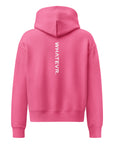 Women's premium heavyweight hoodie in pink with "WHATEVR" text, back view.