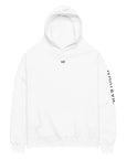 Women's premium heavyweight hoodie in white with "WR" logo, front view.