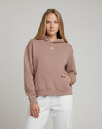 Women's premium heavyweight hoodie in taupe with "WR" logo, front view.
