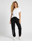 Women's heavyweight fleece sweatpants in black, front view.