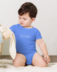 Baby short sleeve bodysuit in blue with "Play Hard Stay Comfy" text, front view.
