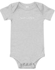 Baby short sleeve bodysuit in ash heather with "Nap Later" text, front view.