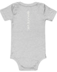 Baby short sleeve bodysuit in ash heather with "WHATEVR." text, back view.