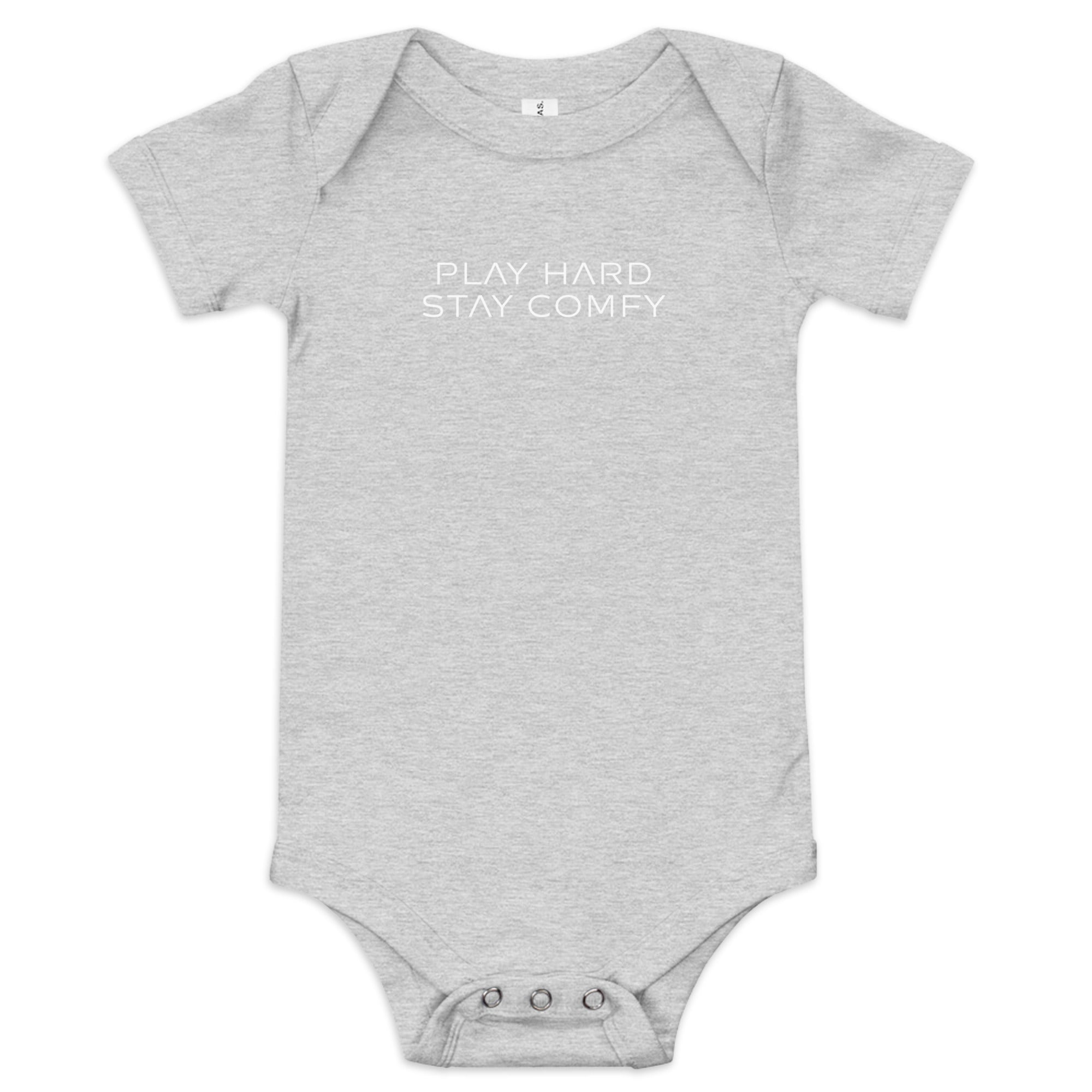Baby short sleeve bodysuit in ash heather with "Play Hard Stay Comfy" text, front view.