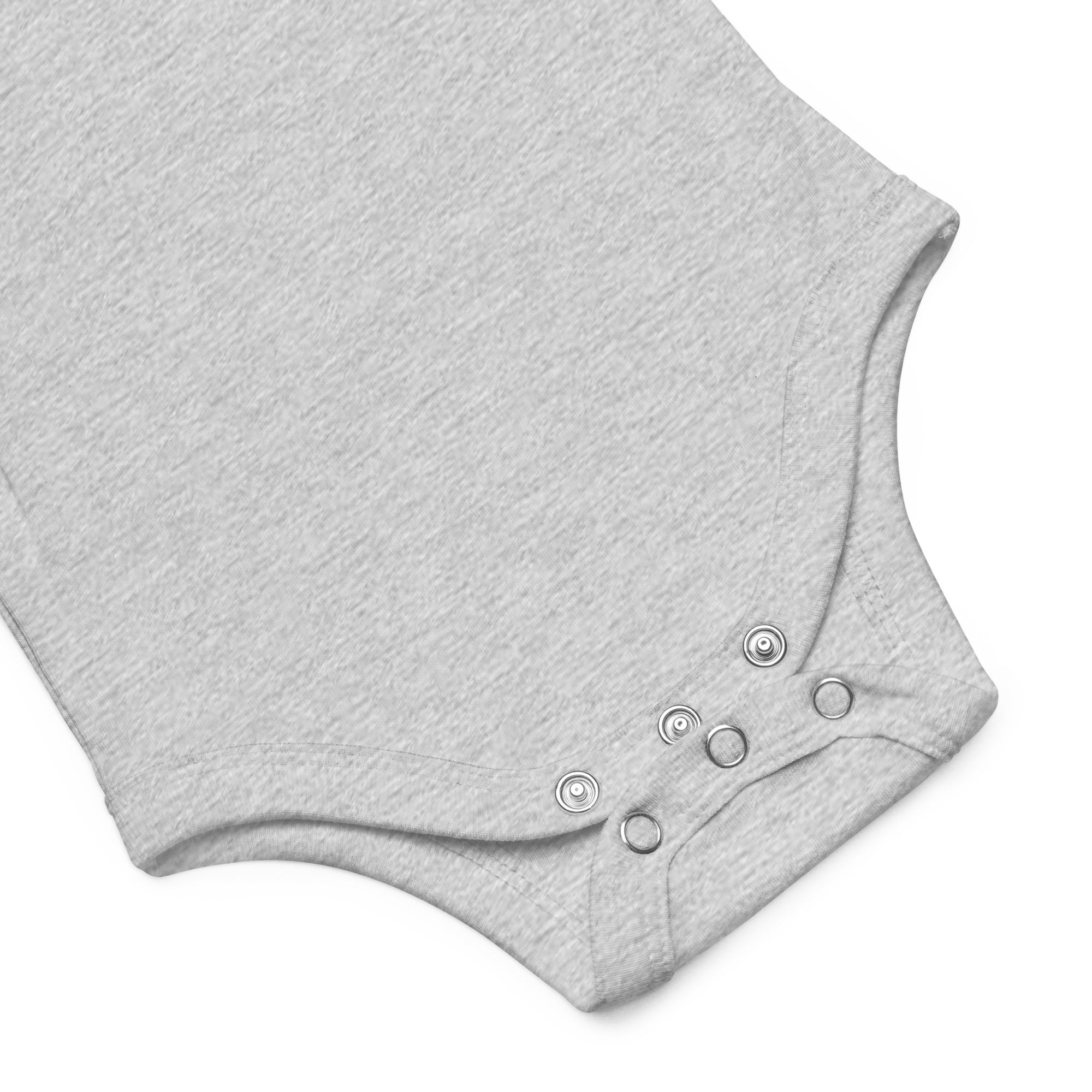 Baby short sleeve bodysuit in ash heather, front view.