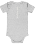 Baby short sleeve bodysuit in ash heather with "WHATEVR." text, back view.