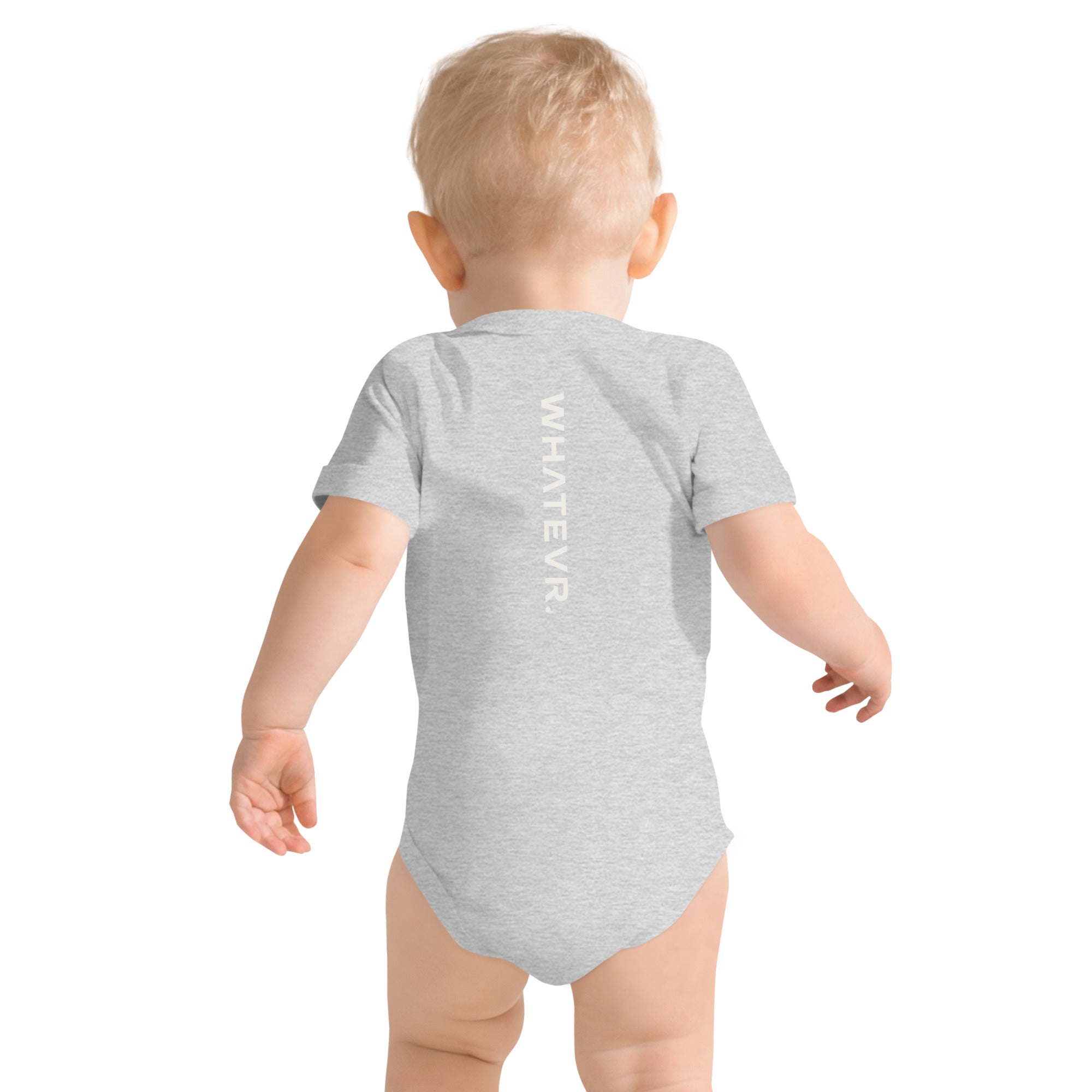 Baby short sleeve bodysuit in ash heather with "WHATEVR." text, back view.