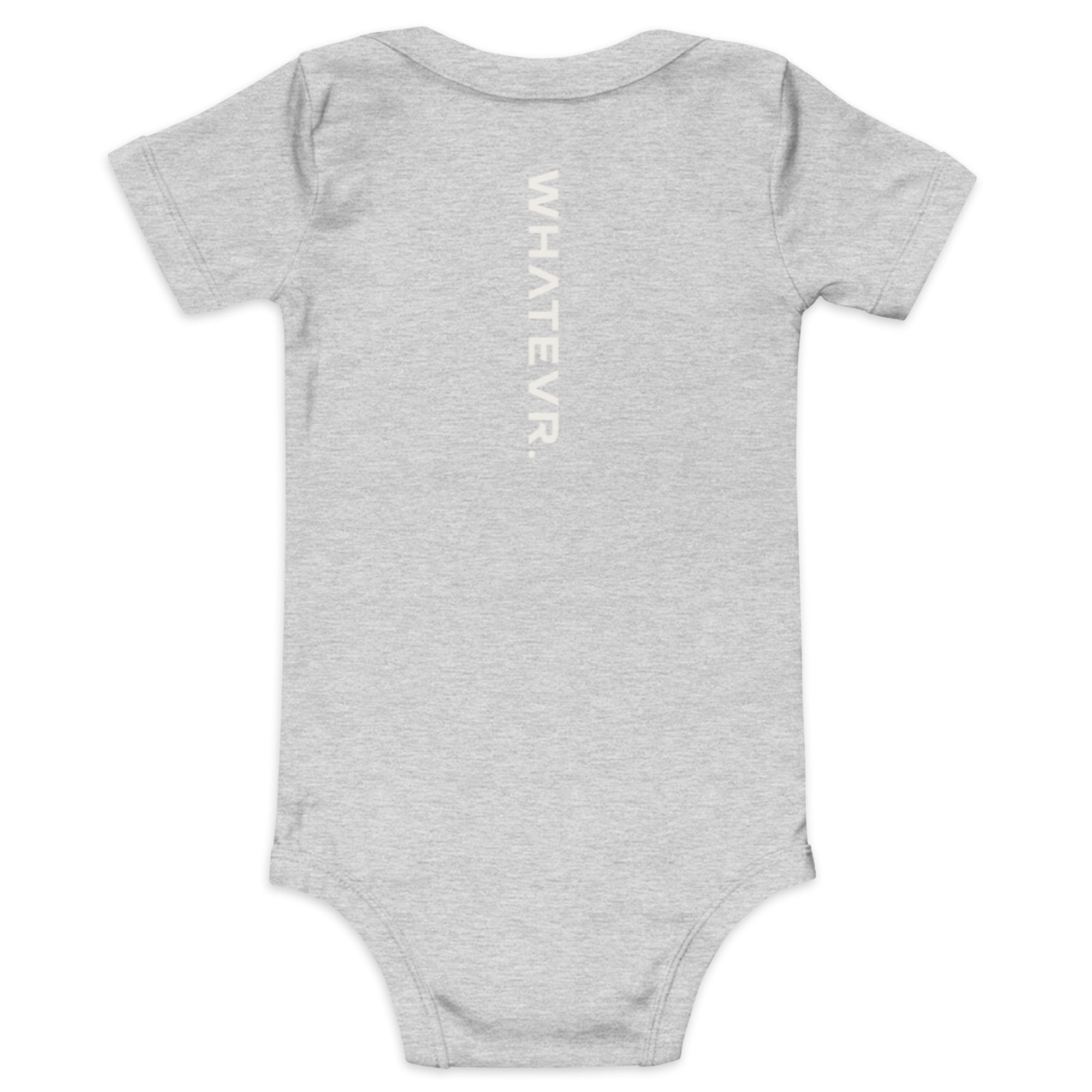 Baby short sleeve bodysuit in ash heather with "WHATEVR" text, back view.