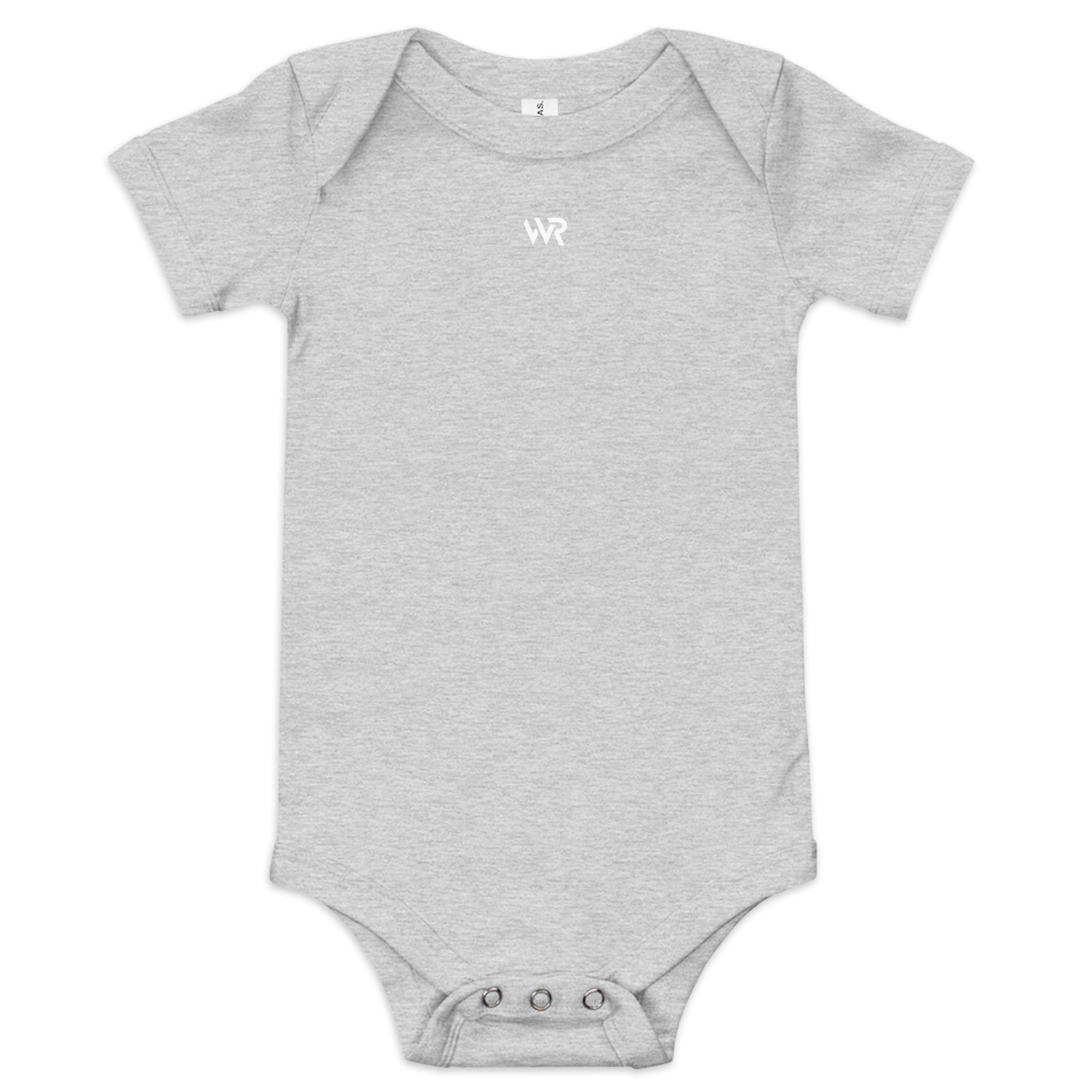 Baby short sleeve bodysuit in ash heather with "WR" mark, front view.