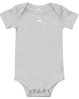 Baby short sleeve bodysuit in ash heather with "WR" mark, front view.